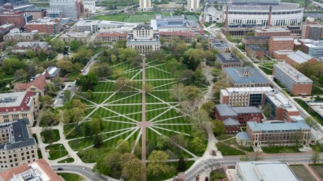 A birds eye view of the Oval at The Ohio State University.