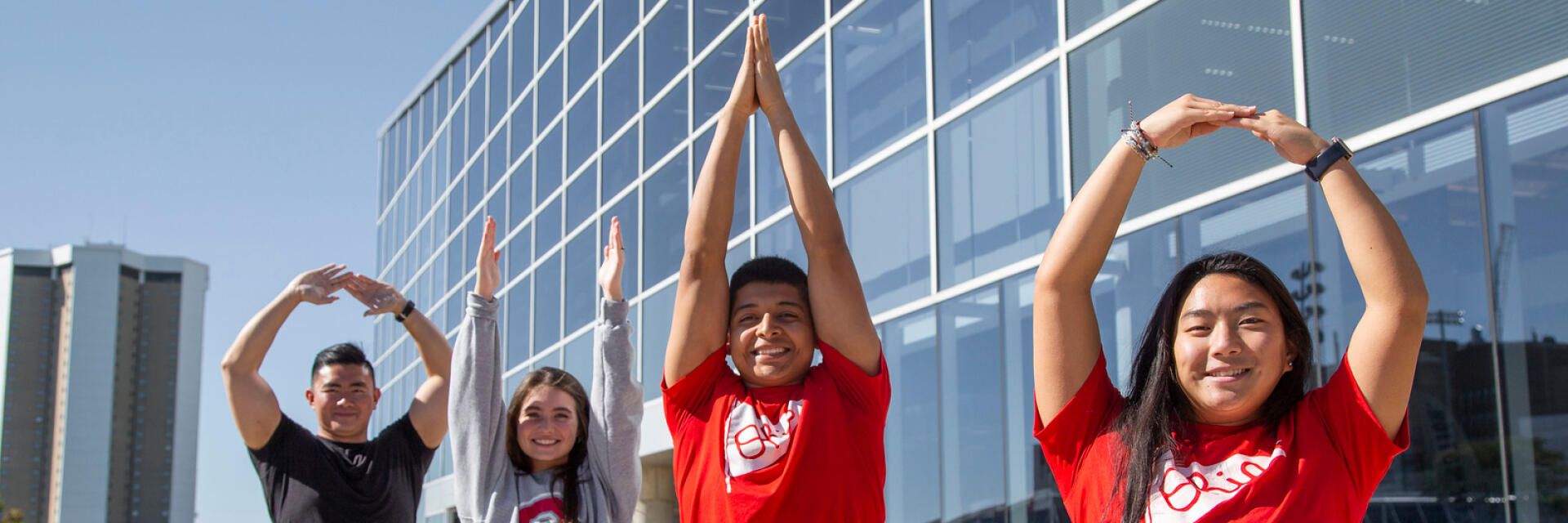 Students standing outside of the RPAC spelling out OHIO with their bodies